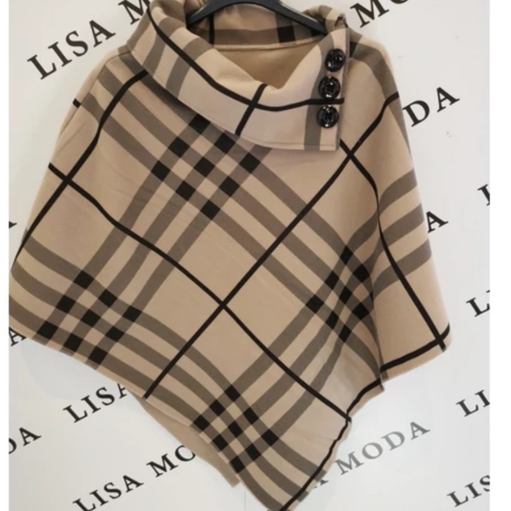 Lisa Moda Brown Black Checkered Italian Wrap Poncho OS